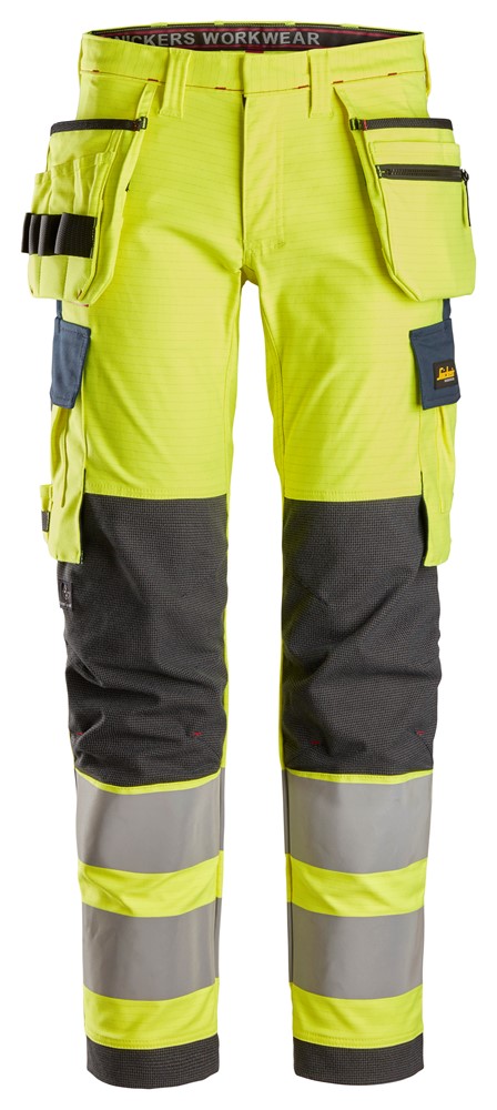ProtecWork, Pantalon de travail extensible avec poches holster haute visibilité, Classe 2