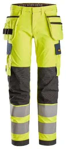 ProtecWork, Pantalon de travail extensible avec poches holster haute visibilité, Classe 2